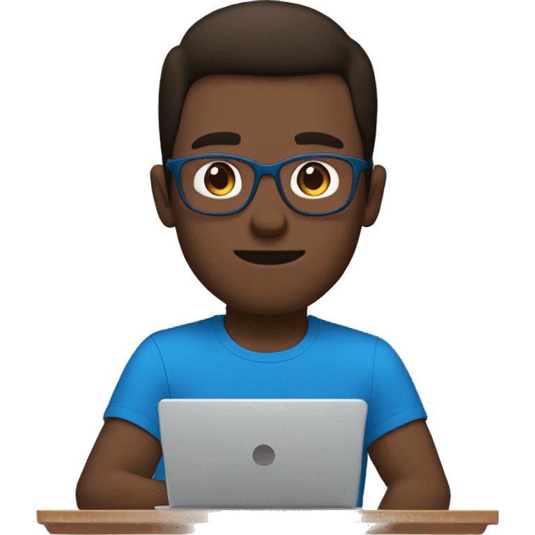 white guy with no beard dark brown hair brad pit style and square glasses typing in laptop wearing blue t-shirt emoji