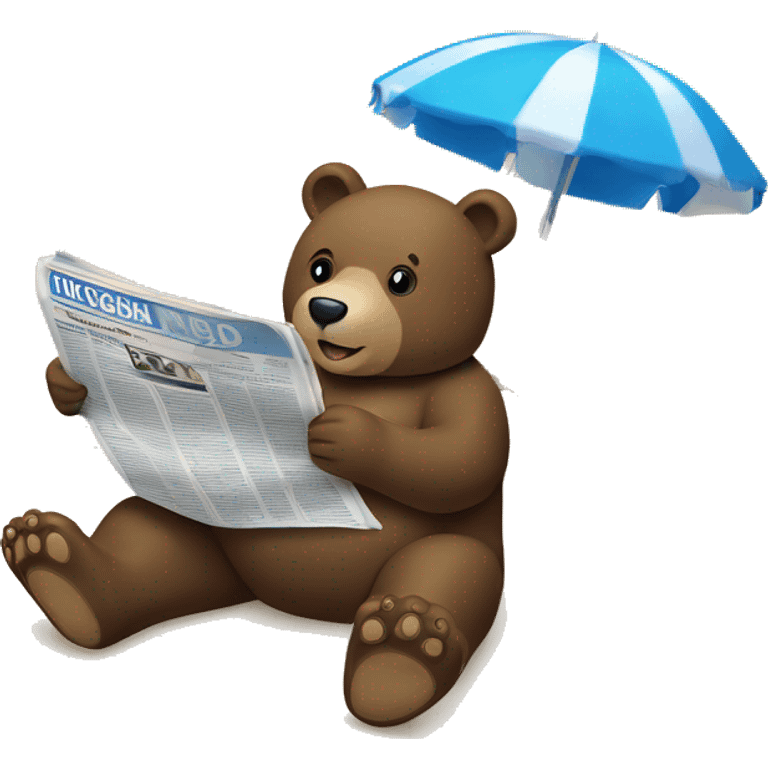 Bear lying on a beach reading a newspaper, blue ocean emoji