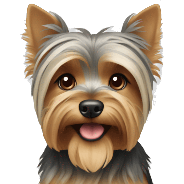 Yorkshire Terrier, beige-gray with brown eyes and rubber bands on his head  emoji