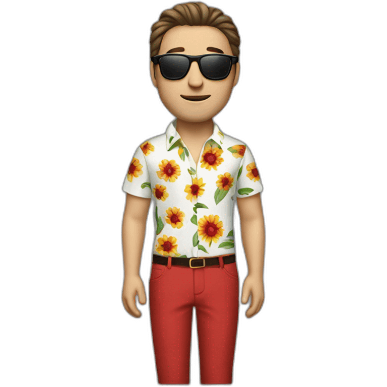 white man dark hairs, flower shirt, red pant, sun glasses emoji