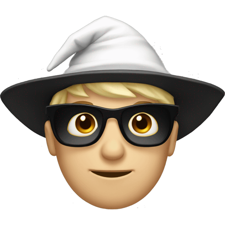 Caucasian boy with sunglasses wearing a black wizard hat emoji