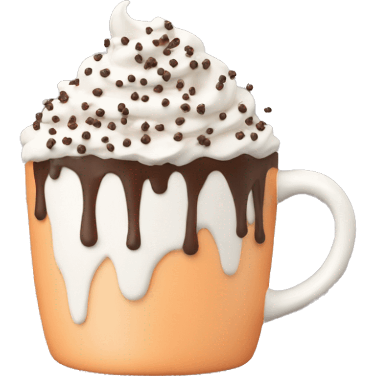 Pastel orange mug. whipped cream on top. Chocolate sprinkles.  emoji