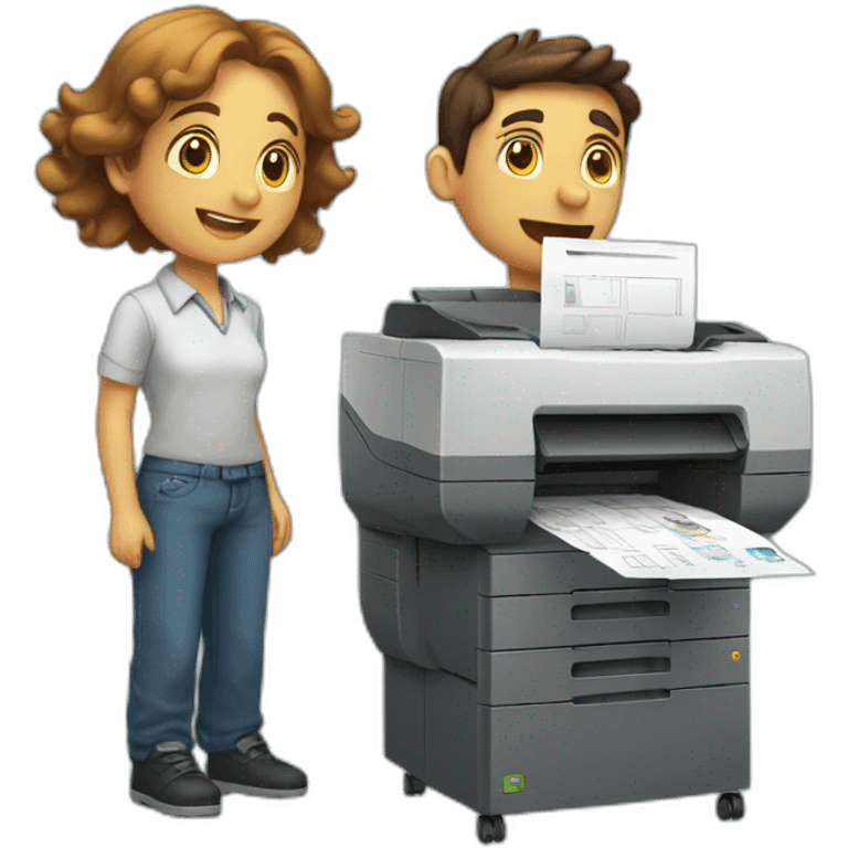 a boy and a girl with a large printer full of copies, both are exhausted emoji