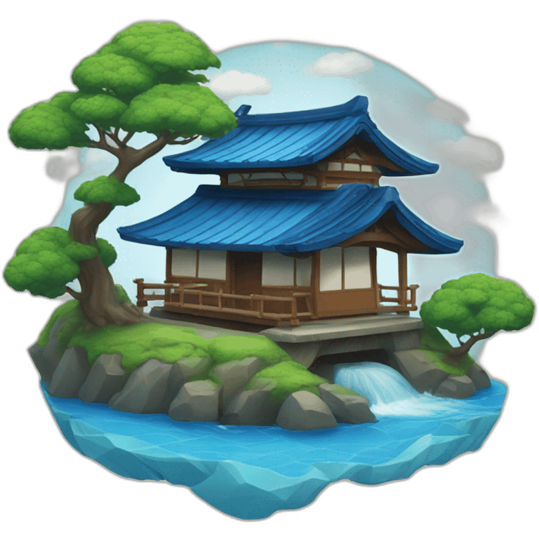 An island with a small Japanese house with a blue tiled roof and a blue torii gate emoji