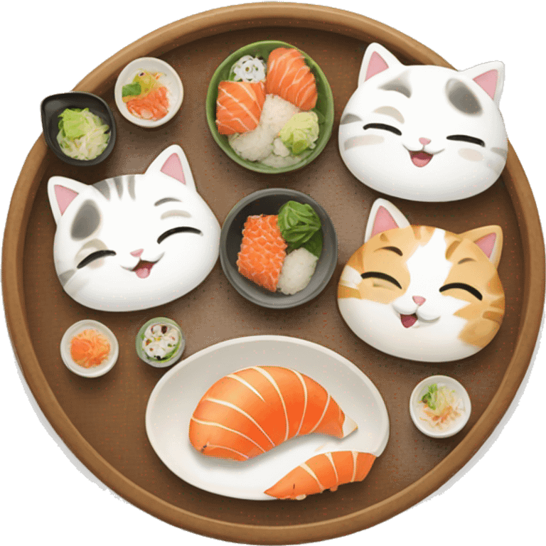 four HAPPY cats having SUSHI DINNER emoji