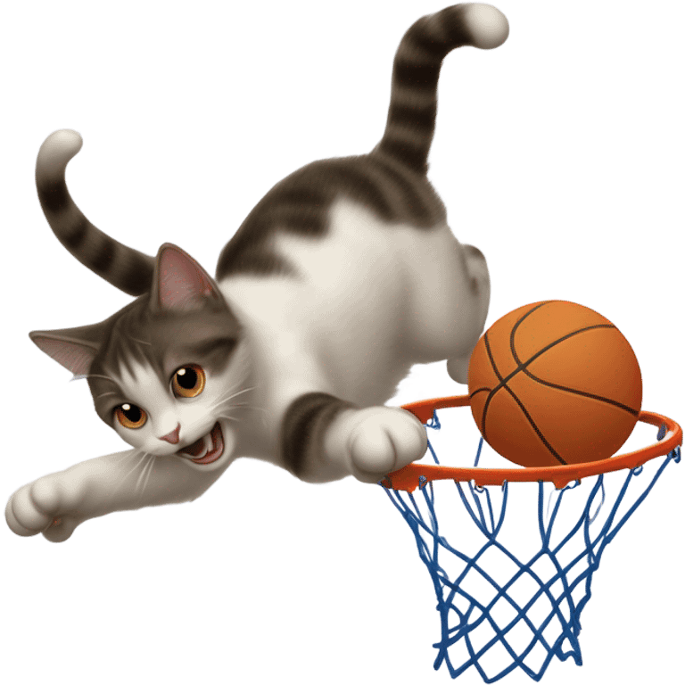 A cat dunking a basketball in a hoop emoji