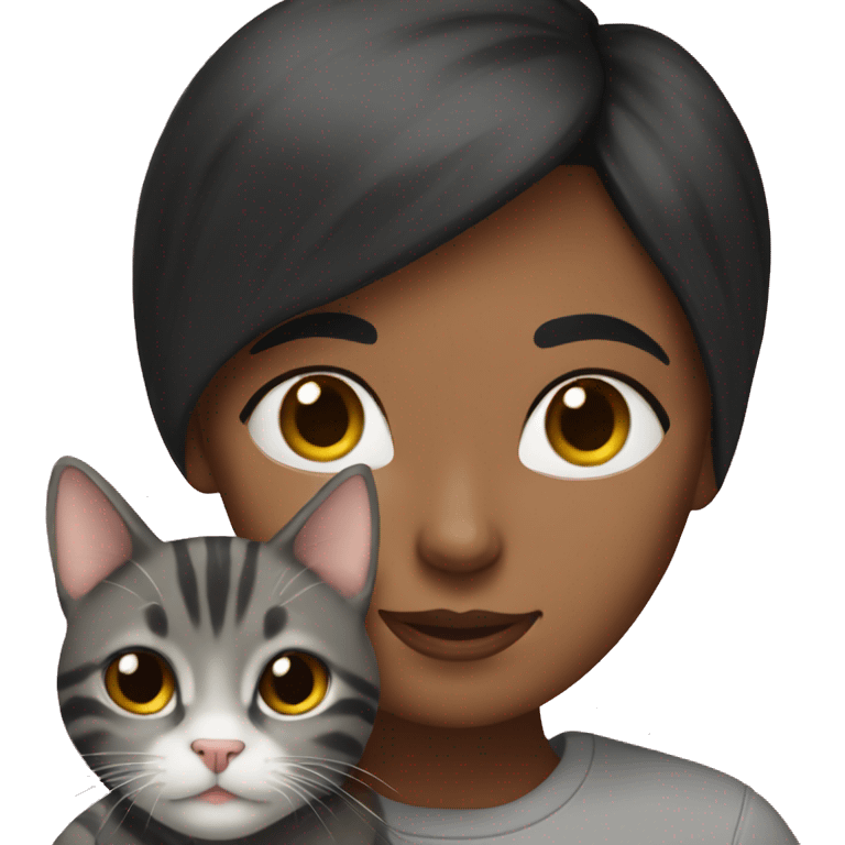 A black haired girl holding a gray tabby cat emoji