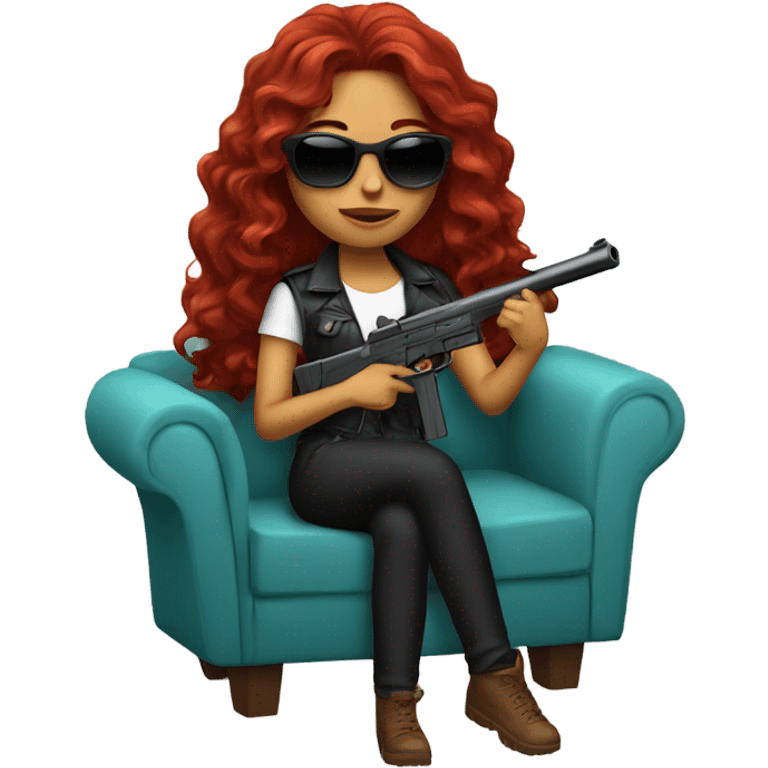 Latina with long red wavy hair holding a gun with sunglasses sitting on a couch  emoji