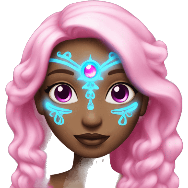 magical diva with pink andromedan skin long hair and blue eyes glowing third eye emoji