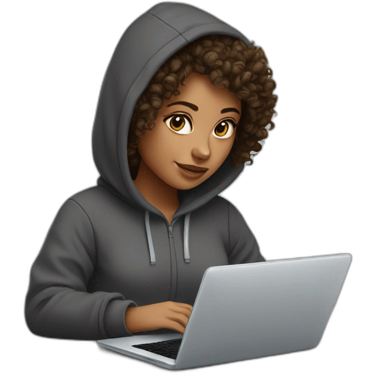 a west eastern tenage curly girl wearing a hoodie working on a laptop emoji