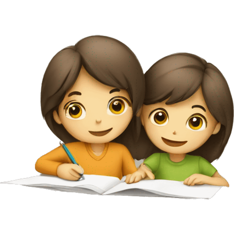 Two kids working together on paper emoji