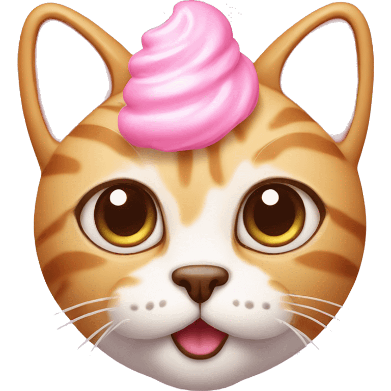 cat with cute small ears and big cute eyes with pink ice-cream on head emoji