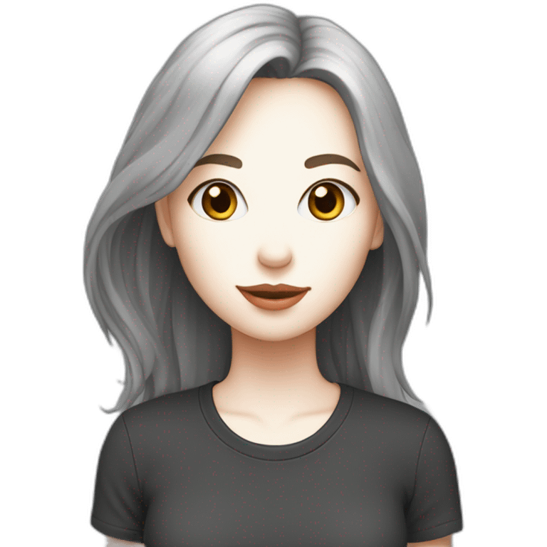 Une fille blanche au chexveux noir et long avec un t-shirt de chat emoji