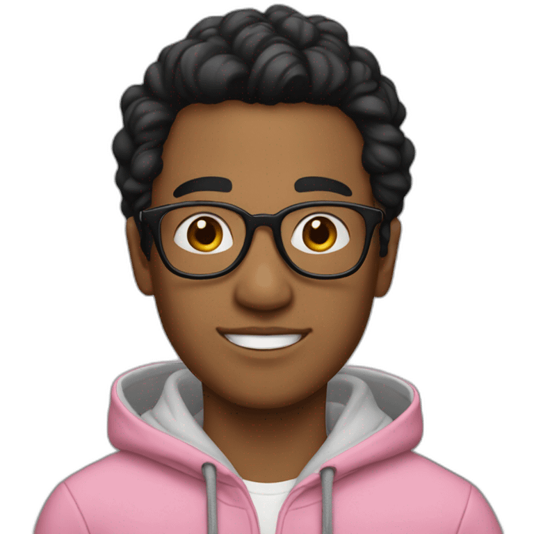 A young man wearing glasses, a pink hoodie, black hair, white skin, and his hair is combed up.  emoji