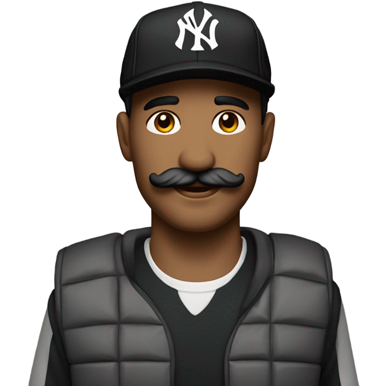 Homme, 30 ans, cheveux courts noir, moustache, casquette noir yankees noir, avec uns bière  emoji