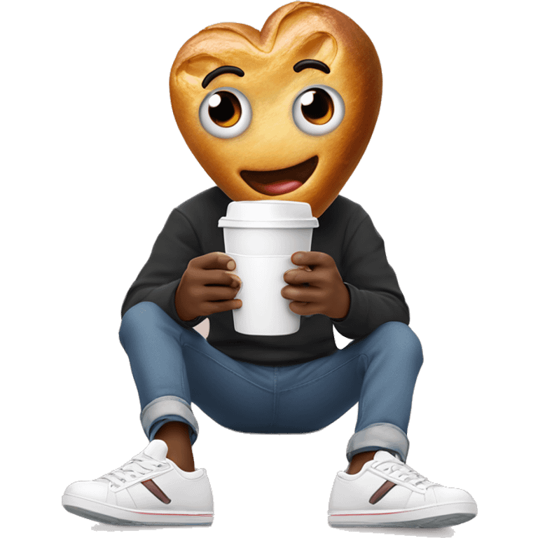 an image of a heart with eyes, hands and feet in sneakers. He holds a croissant in one hand and a cup of coffee in the other emoji