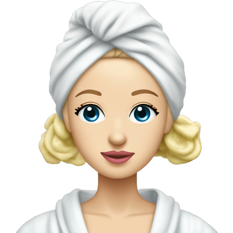 White girl with blonde hair and blue eyes and pink lips with a spa towel on her head and a robe on with cucumbers on her eyes emoji