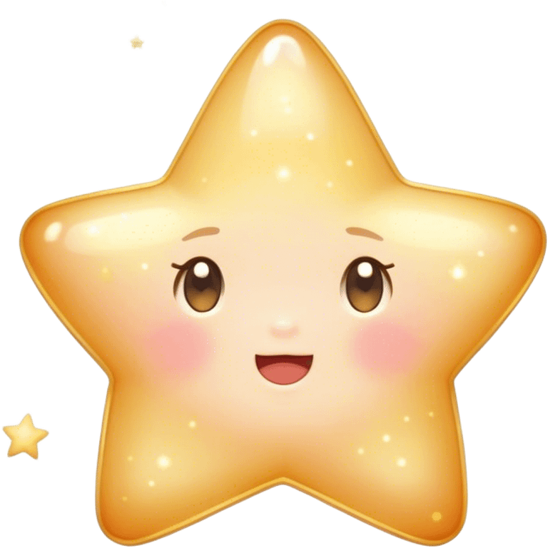 Cinematic cute sparkling star, chubby rounded edges, golden glow, tiny blushing cheeks, warm and gentle shine, twinkling softly in a pastel night sky. emoji