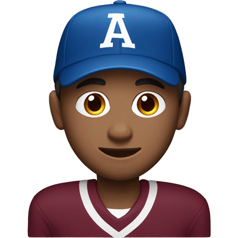 A man in wearing a maroon and blue  jersey. He has a maroon and blue coloured sport cap on his head and a slight smile on his face.only front side. emoji