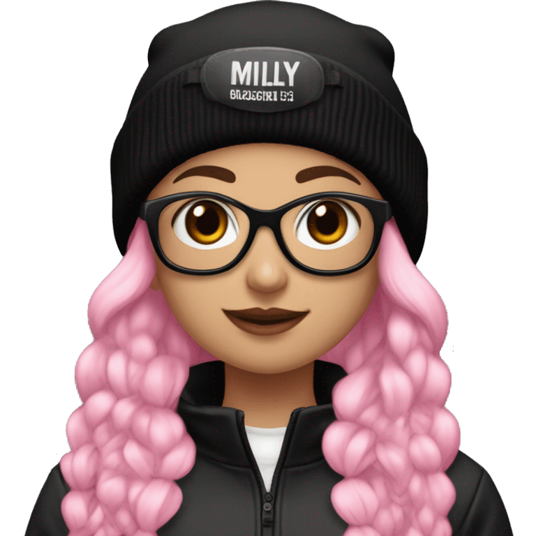 girl with black beanie and black ski goggles on beanie,hime half pink and black hair, and a black jersey that says: MILY 69 emoji