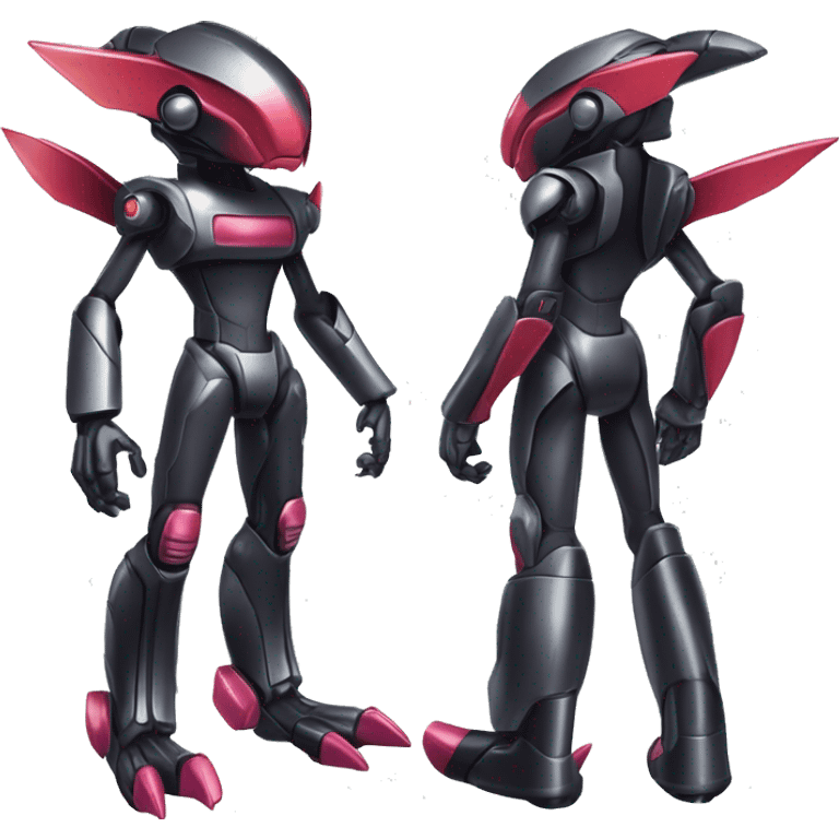 a shiny metallic black Genesect-Flygon-Raptor-Fakémon-Medabot-hybrid with a futuristic visor-helmet full body emoji