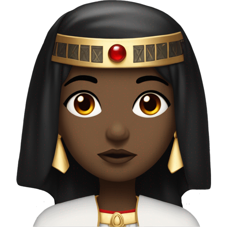 emo girl with black hair, red eyes, dressed as a priest with flowing robes, wearing a pharaoh headdress in black and red emoji