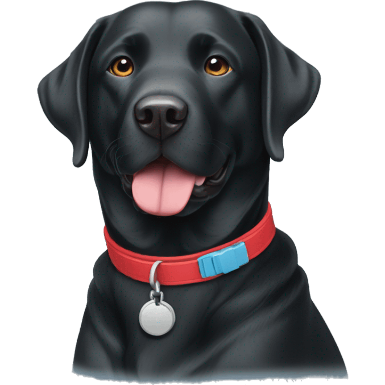 one happy adult BLACK labrador with a red collar next to another happy adult BLACK labradors with a light blue collar. emoji