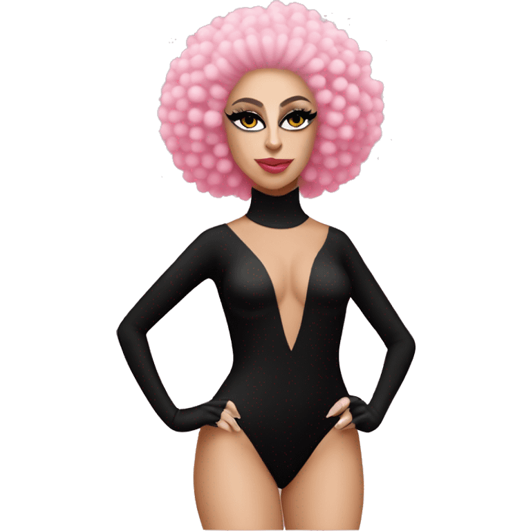 Lady gaga full body in a black bodysuit with pink pompoms emoji