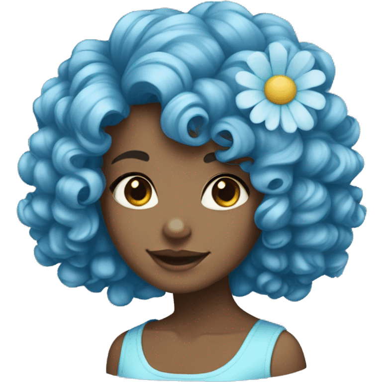 black curly haired girl with light blue flower hair clip emoji