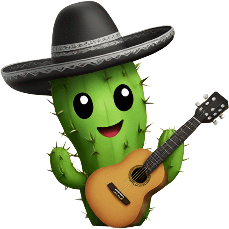 Cute cactus with arms holding a guitar wearing a sombrero with a black curly mustache emoji