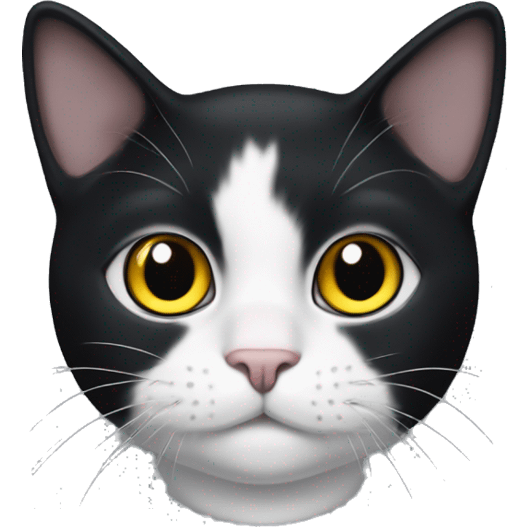 a cute tuxedo cat face with black ears and white face, big round yellow eyes with black pupil emoji