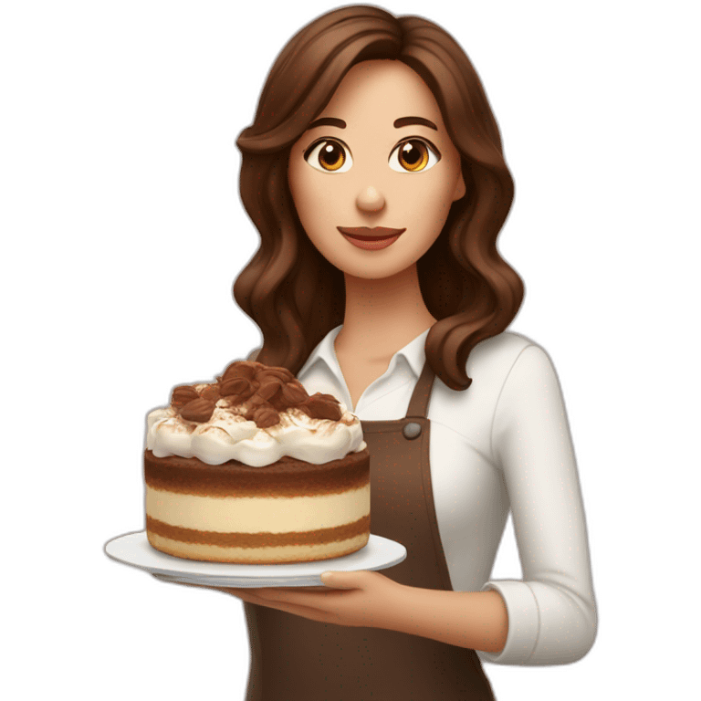 Woman with brown long hair holds tiramisu in hands emoji