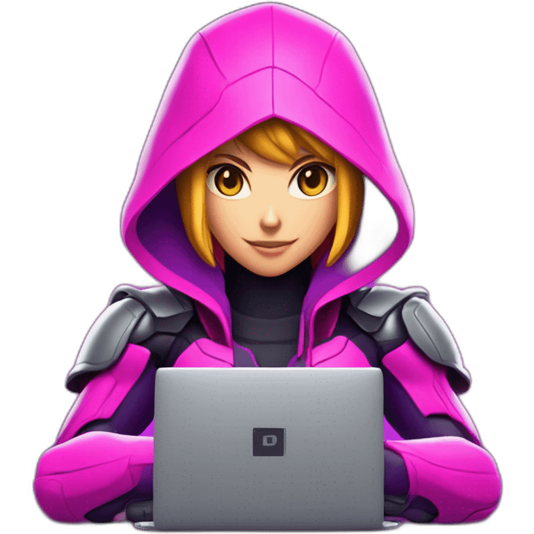 Girl developer behind his laptop with this style : Nintendo Samus Video game neon glowing bright purple pink black hooded hacker themed character emoji