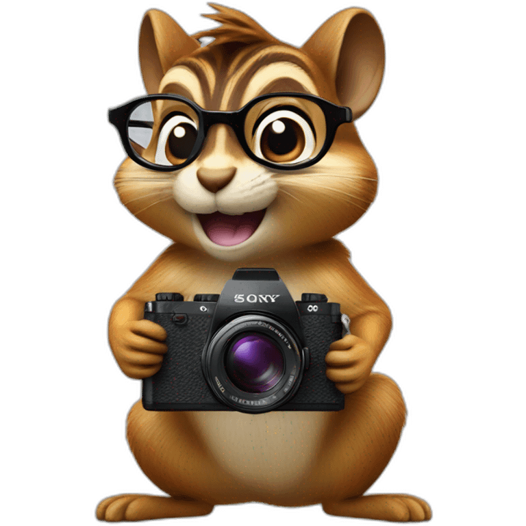 a chipmunk with glasses holds a SONY camera in its paws medium plan emoji