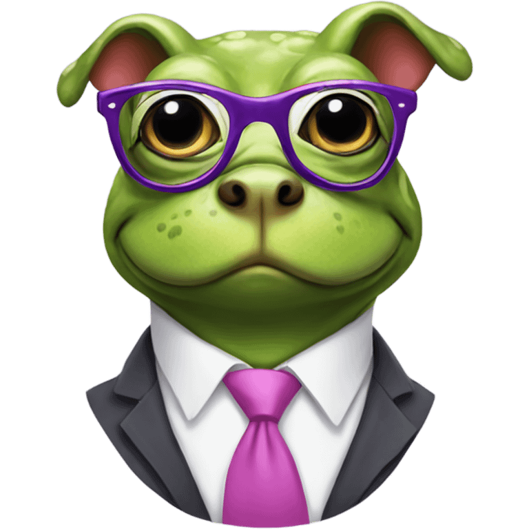 Frog wearing pink glasses with a dog wearing a purple tie emoji