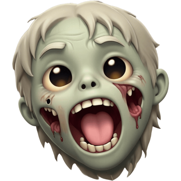 Cinematic Cute Yawning Zombie Portrait Emoji, with a delightfully quirky, slightly disheveled face in muted ashen tones, head tilted back in a big, funny yawn that reveals quirky stitches and playful gaps, simplified yet irresistibly charming, highly detailed with a soft, eerie glowing outline capturing the sleepy, offbeat vibe of a zombie taking a nap! emoji