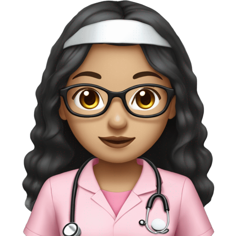 Pretty Aian girl (beige white skin tone and big eyes) with circle silver glasses, long black hair , wearing a pink nurse uniform (scrub) with a stethoscope emoji