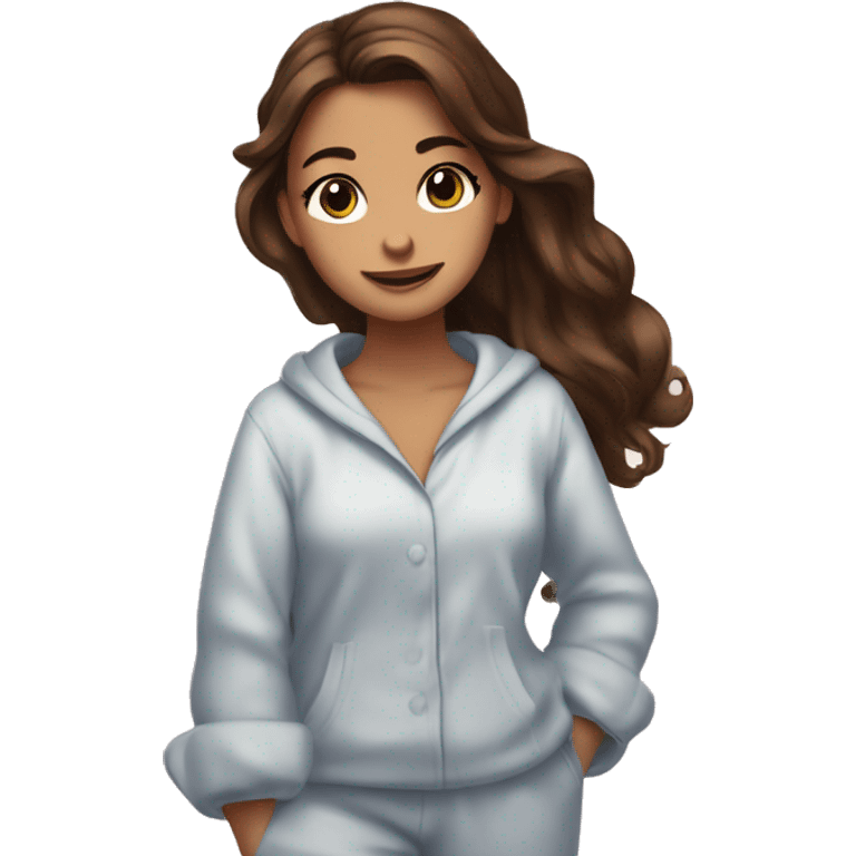 A girl with brown hair, brown eyes, absolutely stunning and gorgeous, and dancing with her pajamas that has Aespa on it emoji