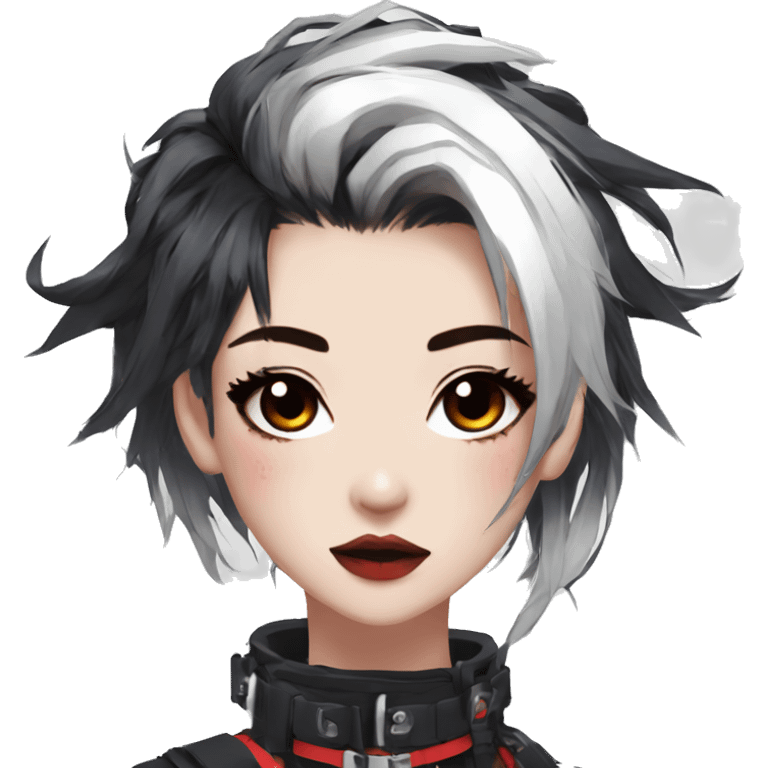 Gorgeous techwear anime style lady with blushing face aesthetic and pretty edgy black red white punk messy hair with collar and harness trending style emoji