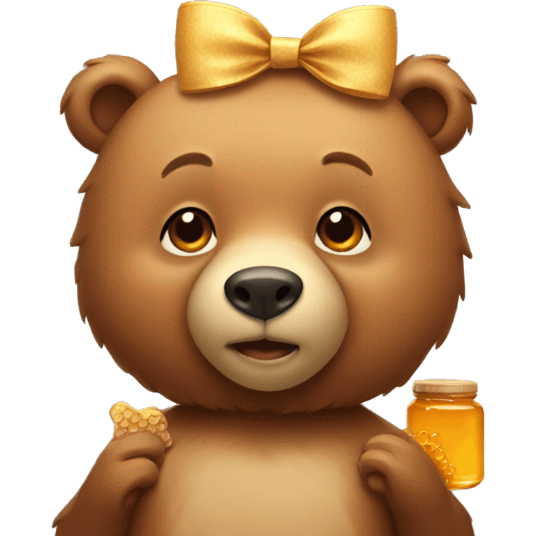 cute brown bear, beige bow on head, holding honey emoji