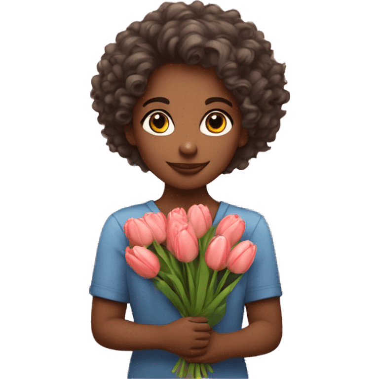 Girl with curly hair holding a bouquet of tulips  emoji