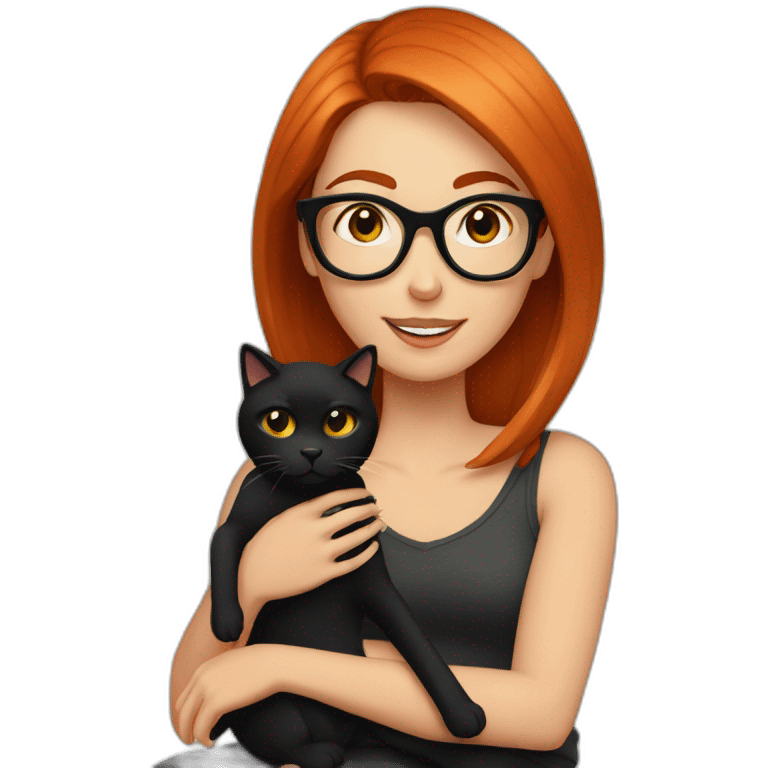 woman with straight red hair and black-rimmed glasses, with a black cat on her lap emoji