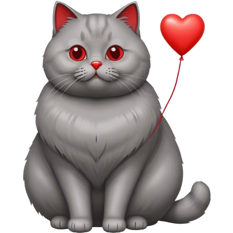 gray fat British cat and red heart metallic baloon emoji