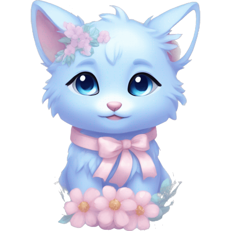 Anthro Cute Cool Blushing Pastel Innocent Shy Kawaii gorgeous sparkly ethereal fantasy anime animal creature with blue eyes furry sona with flowers and ribbons beautiful aesthetic emoji