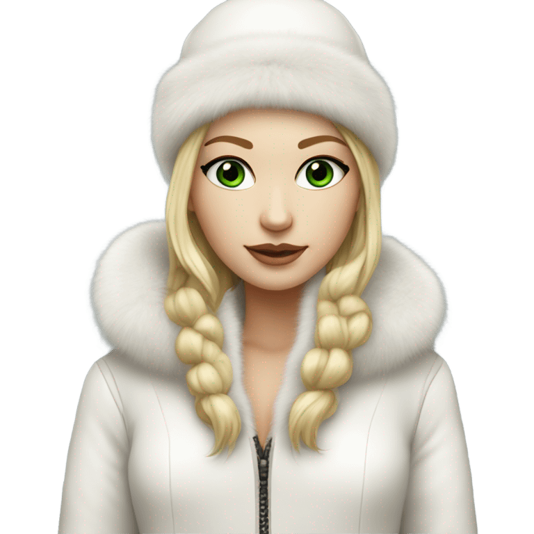 Realistic White girl with Long straight blonde hair, green eyes, tattoos, full body wearing white fur coat and fur hat emoji