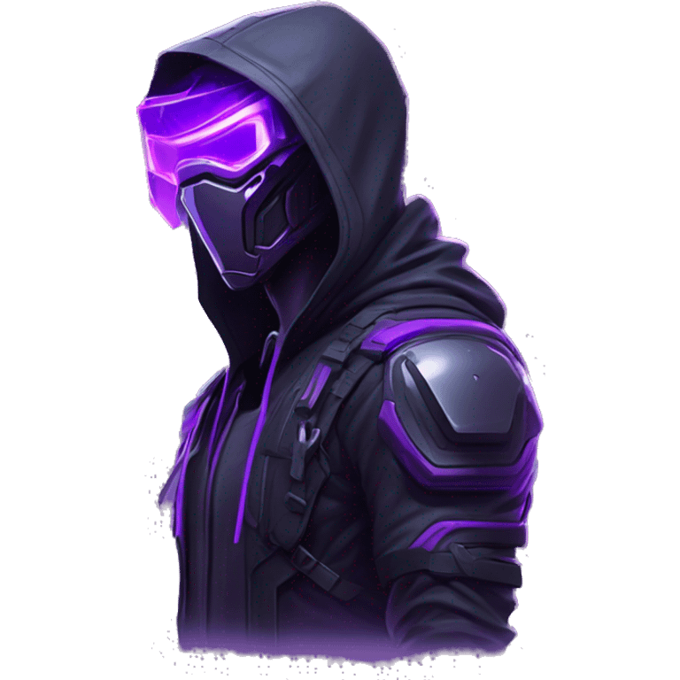 Side view developer behind his laptop with this style : crysis Cyberpunk Valorant neon glowing bright purple character purple violet black hooded assassin themed character emoji