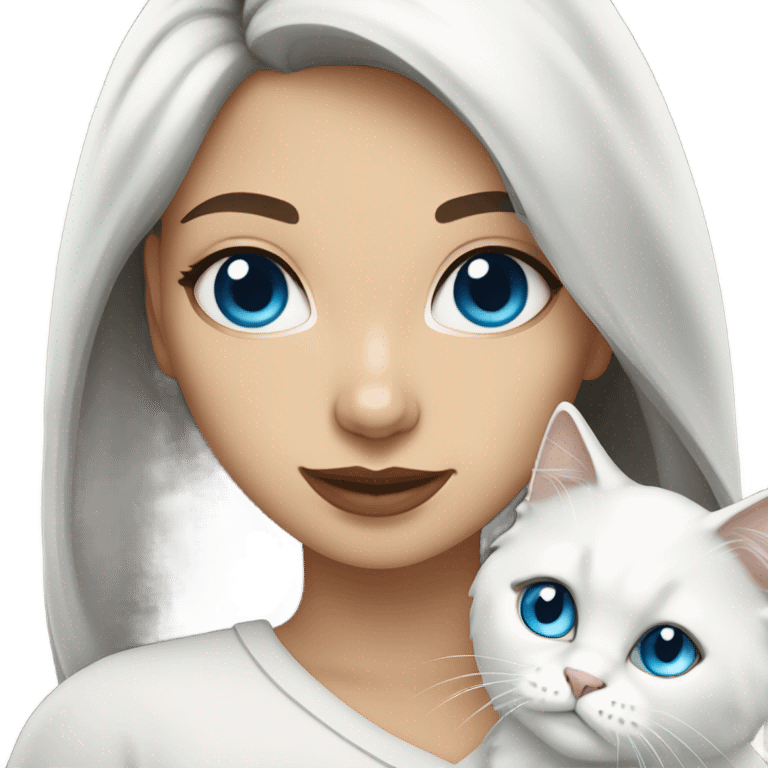 woman with dark hair and holding a all white Siberian cat with blue eyes emoji