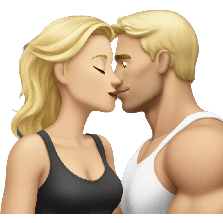 Woman with blonde hair kissing a lean white man muscular  emoji