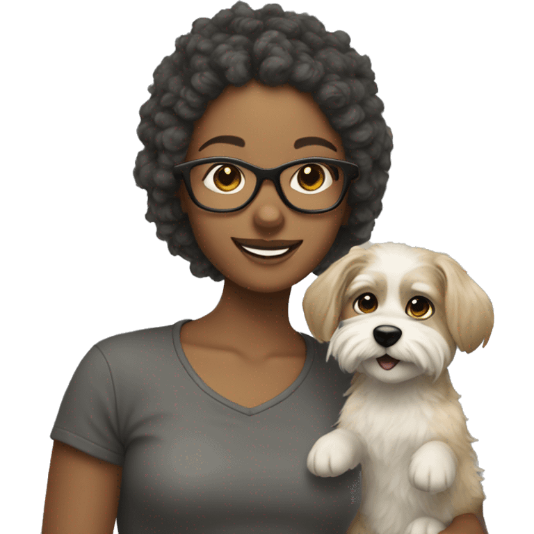 smiling girl with dark blonde hair and glasses holding a scruffy dog with gray and blonde fur emoji