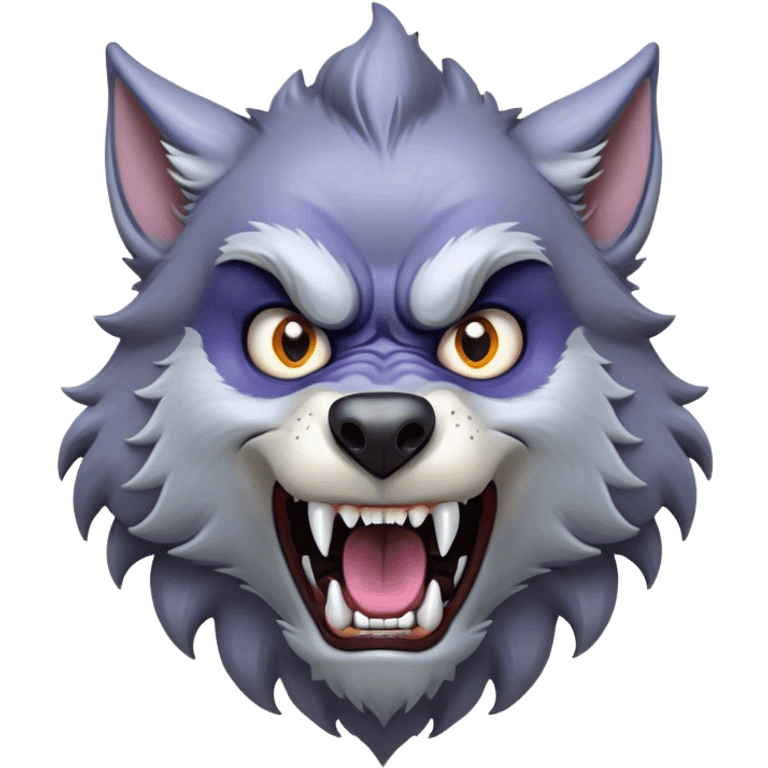 Cinematic Comical Werewolf Portrait Emoji, with a whimsically exaggerated lupine face in vivid moonlit grays and silvers, head cocked in a dramatically shocked expression with comically oversized, wide eyes and a playful snarl, simplified yet hilariously expressive, highly detailed with a soft cartoonish glowing outline capturing the mischievous humor of a werewolf mid-transformation! emoji